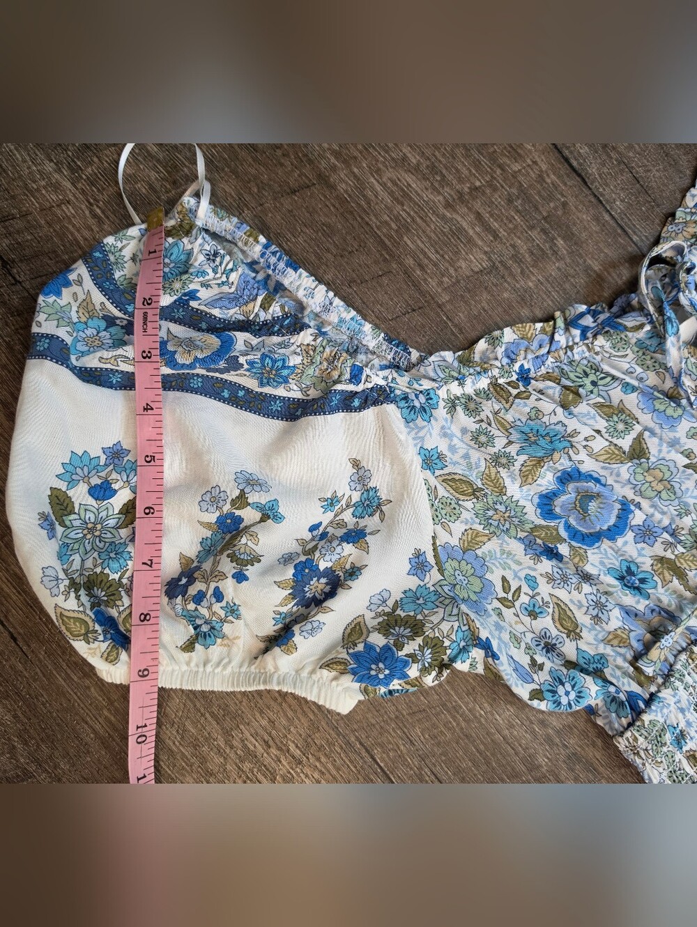 By The River Floral Maxi Dress Womens L Blue White Smocked Waist Puff Sleeves Bo - Picture 10 of 13
